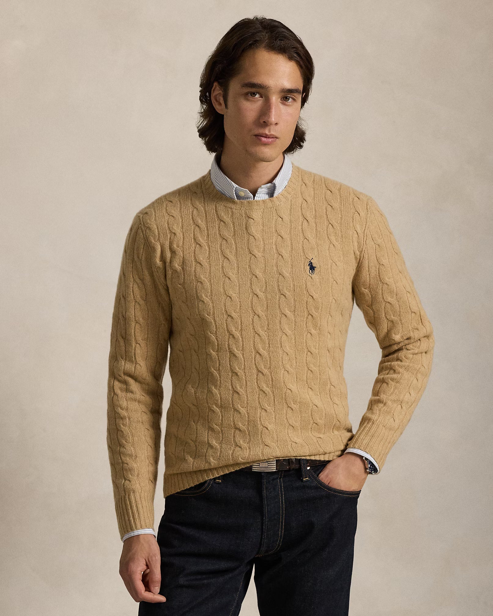 Uld- og cashmere sweater med kabelstrik