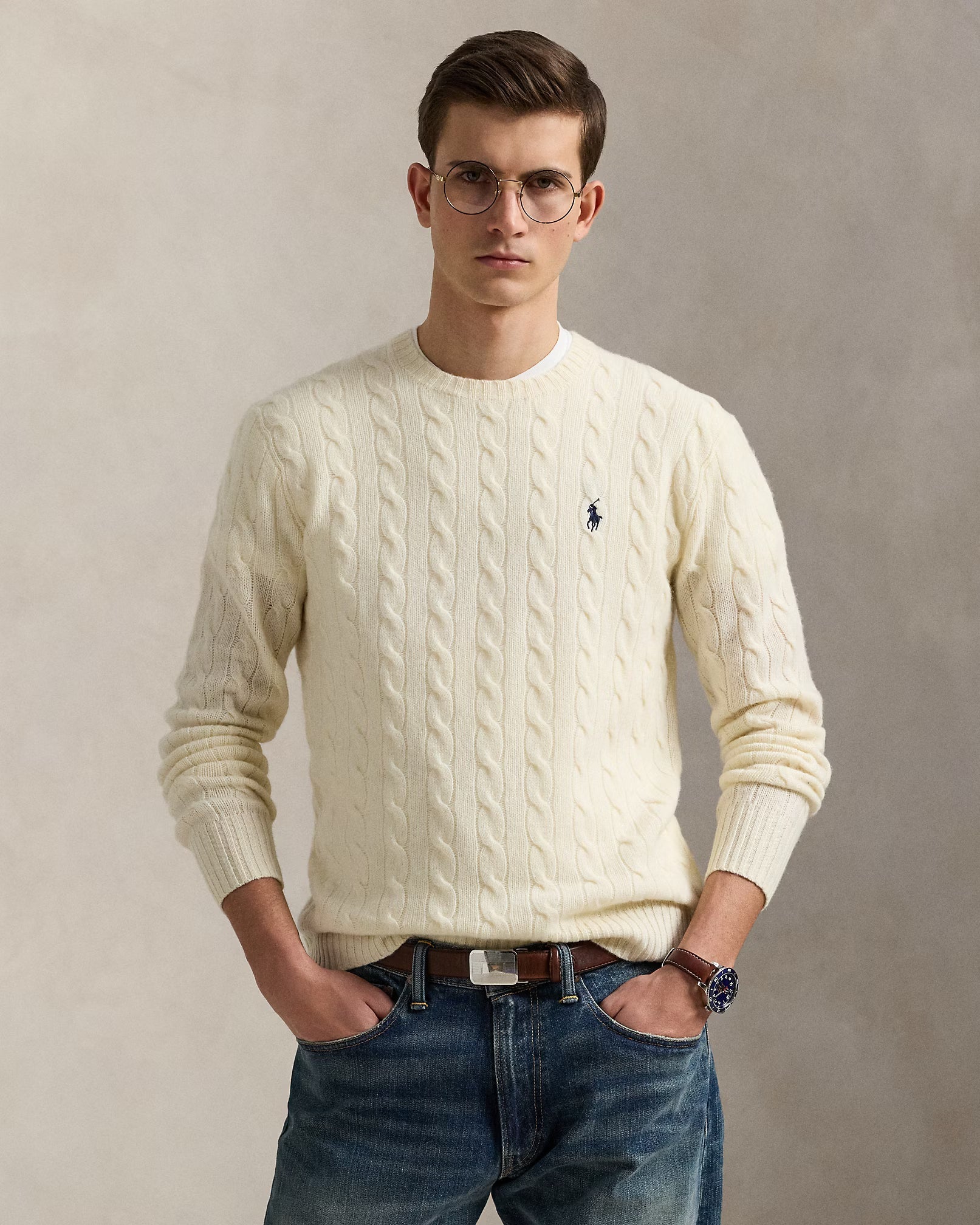 Uld- og cashmere-striktrøje med kabelmønster