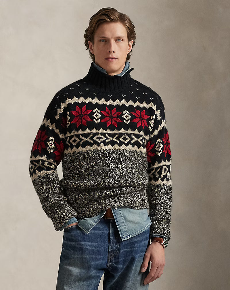 Hochgeschneiderter Strickpullover aus Wollmischung mit Schneeflocken