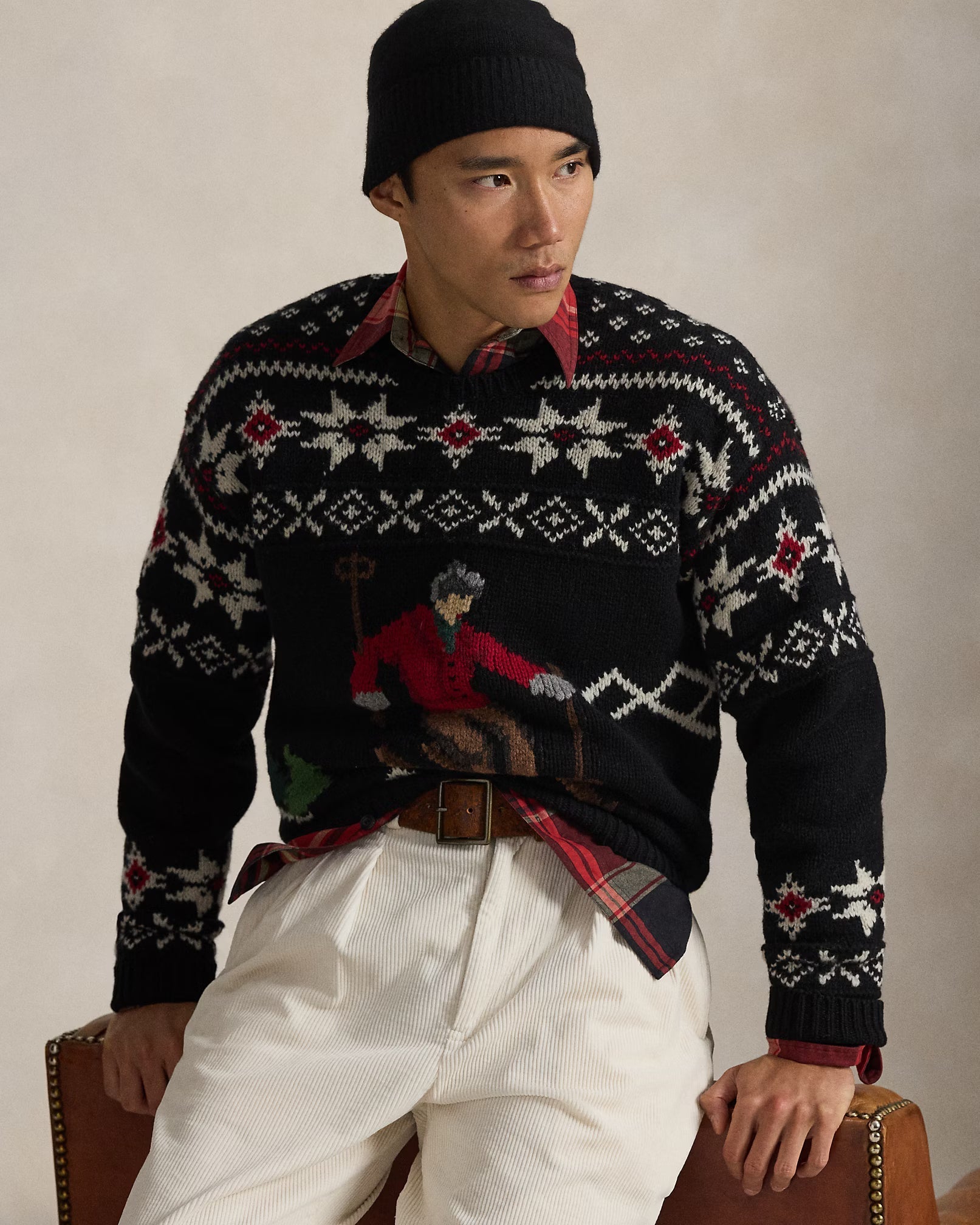 Wollpullover mit Skifahrer-Motiv
